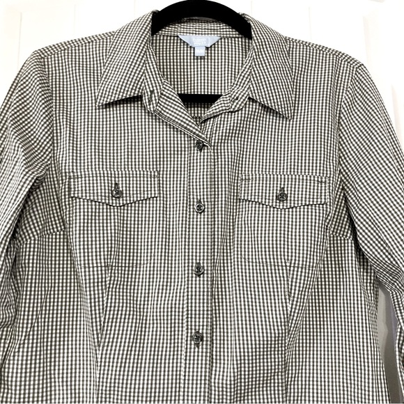 DENVER HAYES Sage grey white gingham roll tab shirt ~ MEDIUM camp outdoor top - Picture 3 of 14